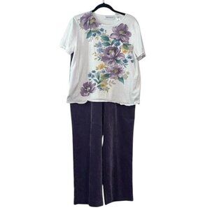 Alfred Dunner Womens Floral Top & Corduroy Pants Set L/16 White & Purple